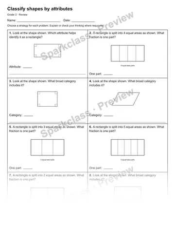 Classify shapes by attributes — Review — Grade 3 worksheet preview