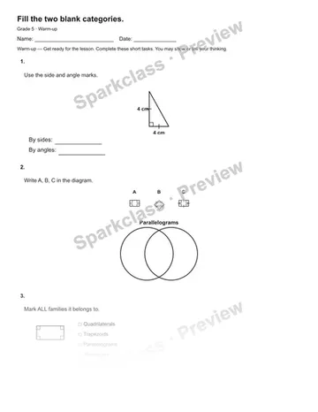 Fill the two blank categories. — Warm-up — Grade 5 worksheet preview