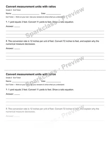 Convert measurement units with ratios — Exit Ticket — Grade 6 worksheet preview