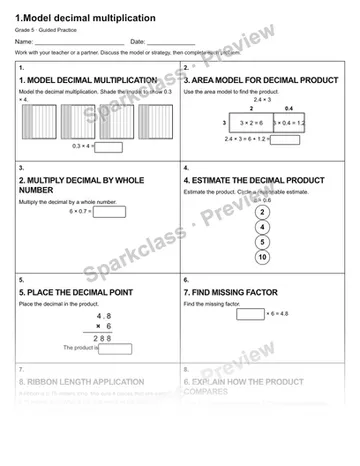 1.Model decimal multiplication — Guided Practice — Grade 5 worksheet preview