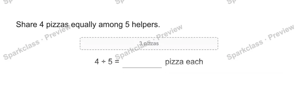 Share 4 pizzas equally among 5 helpers. 3 pizzas 4 ÷ 5 = pizza each — page 1