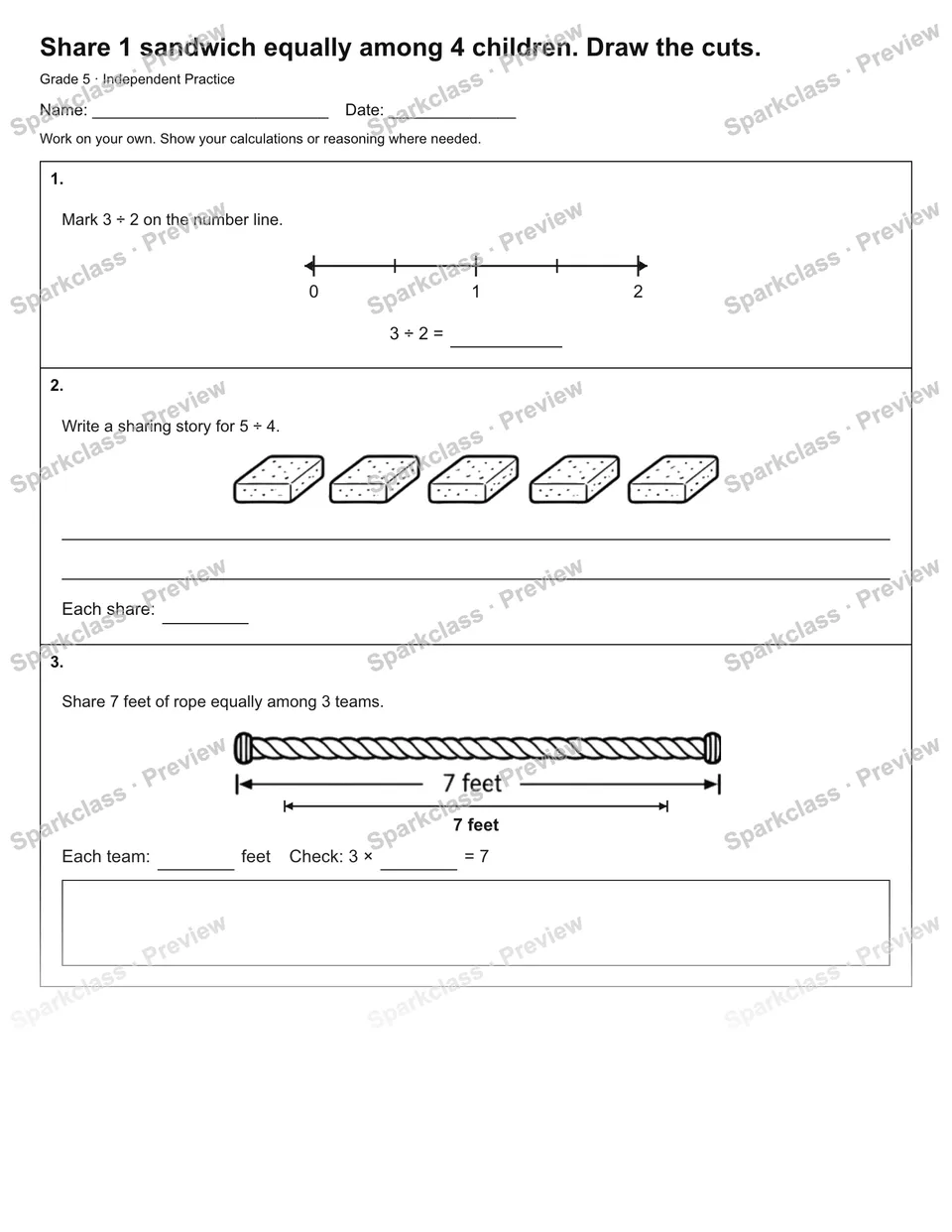 Share 1 sandwich equally among 4 children. Draw the cuts. — Independent Practice — page 1