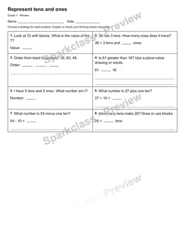 Represent tens and ones — Review — Grade 1 worksheet preview
