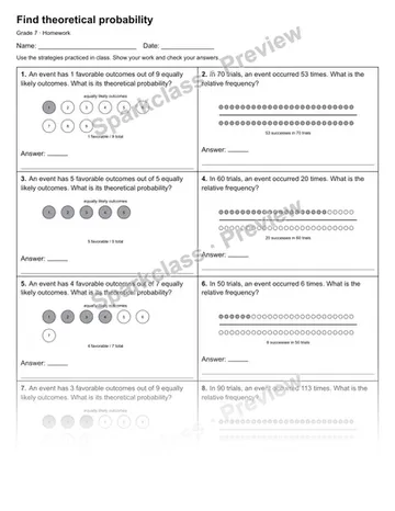 Find theoretical probability — Homework — Grade 7 worksheet preview