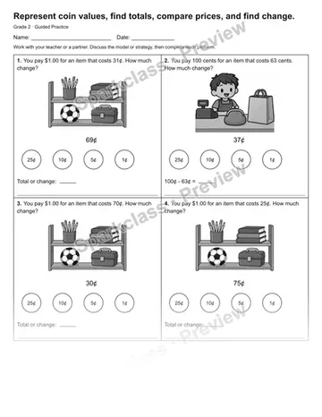 Represent coin values, find totals, compare prices, and find change. — Guided Practice — Grade 2 worksheet preview