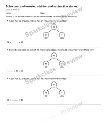 Solve one- and two-step addition and subtraction stories. — Warm-up — Grade 2 worksheet preview