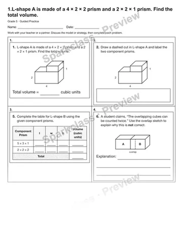 1.L-shape A is made of a 4 × 2 × 2 prism and a 2 × 2 × 1 prism. Find the total volume. — Guided Practice — Grade 5 worksheet preview