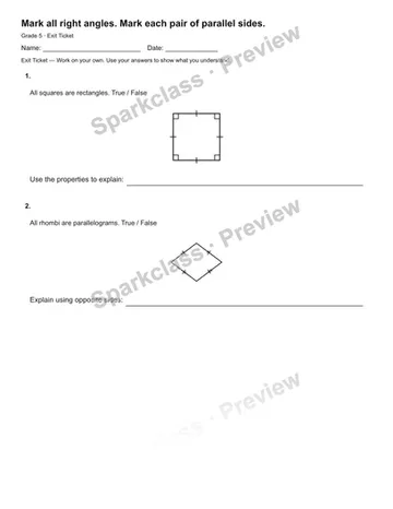 Mark all right angles. Mark each pair of parallel sides. — Exit Ticket — Grade 5 worksheet preview