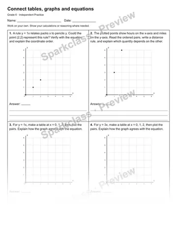Connect tables, graphs and equations — Independent Practice — Grade 6 worksheet preview