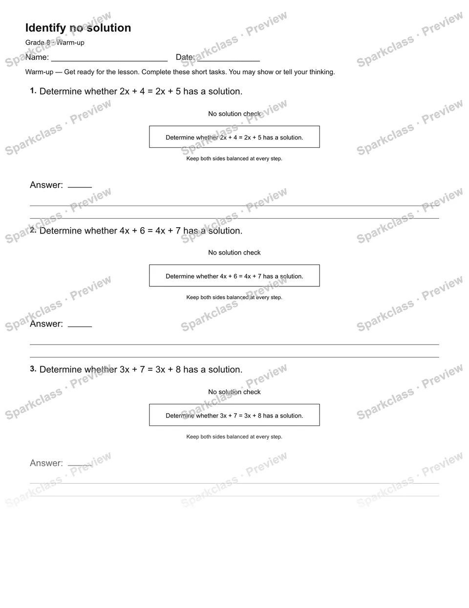 Identify no solution — Warm-up — page 1