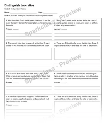 Distinguish two ratios — Independent Practice — Grade 6 worksheet preview
