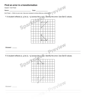 Find an error in a transformation — Exit Ticket — Grade 8 worksheet preview