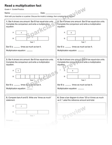 Read a multiplication fact — Guided Practice — Grade 4 worksheet preview