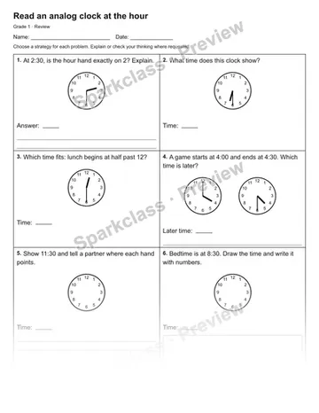 Read an analog clock at the hour — Review — Grade 1 worksheet preview