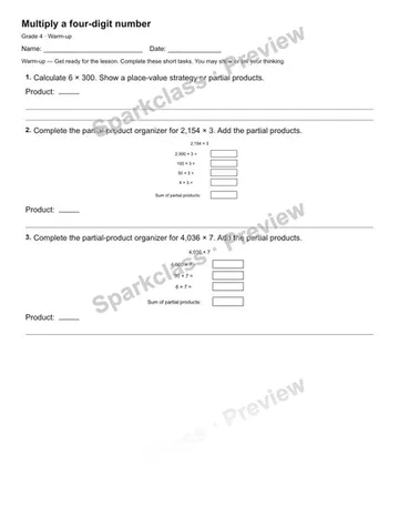 Multiply a four-digit number — Warm-up — Grade 4 worksheet preview