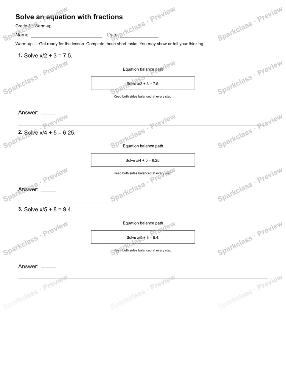 Solve an equation with fractions — Warm-up — page 1