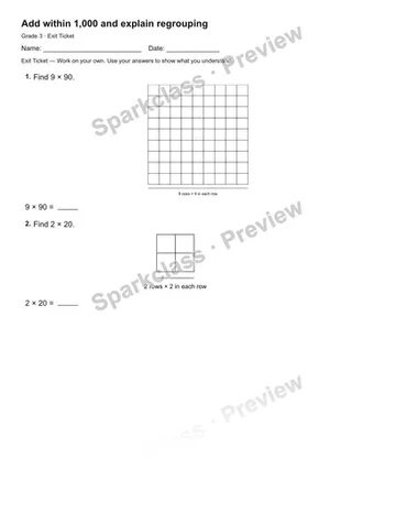 Add within 1,000 and explain regrouping — Exit Ticket — Grade 3 worksheet preview