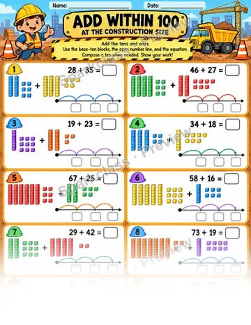 Construction Add Within 100 — Grade 1 worksheet preview