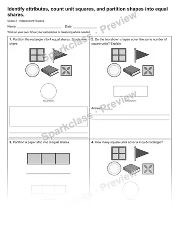 Identify attributes, count unit squares, and partition shapes into equal shares. — Independent Practice — Grade 2 worksheet preview
