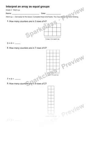Interpret an array as equal groups — Warm-up — Grade 3 worksheet preview
