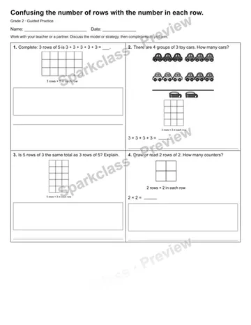 Confusing the number of rows with the number in each row. — Guided Practice — Grade 2 worksheet preview