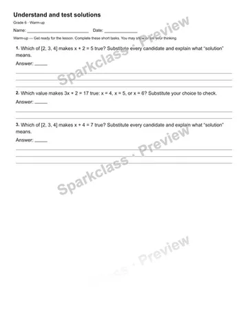 Understand and test solutions — Warm-up — Grade 6 worksheet preview