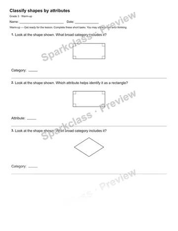 Classify shapes by attributes — Warm-up — Grade 3 worksheet preview