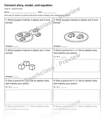 Connect story, model, and equation — Guided Practice — Kindergarten worksheet preview