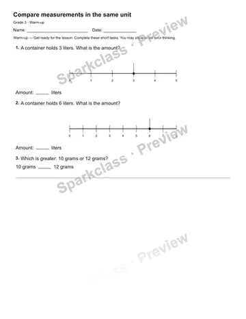 Compare measurements in the same unit — Warm-up — Grade 3 worksheet preview
