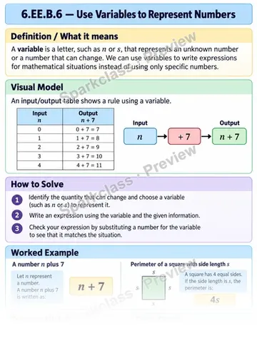 Knowledge Guide · Use variables to represent numbers — Grade 6 worksheet preview