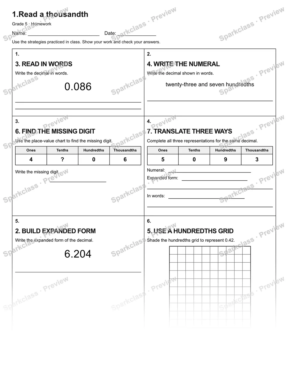 1.Read a thousandth — Homework — page 1