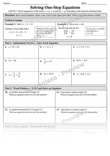 7 One Step Equations Independent 3 — Grade 6 worksheet preview