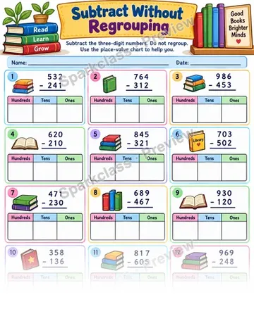 Subtract Without Regrouping — Grade 3 worksheet preview