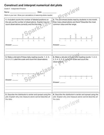 Construct and interpret numerical dot plots — Independent Practice — Grade 6 worksheet preview