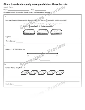 Share 1 sandwich equally among 4 children. Draw the cuts. — Review — Grade 5 worksheet preview