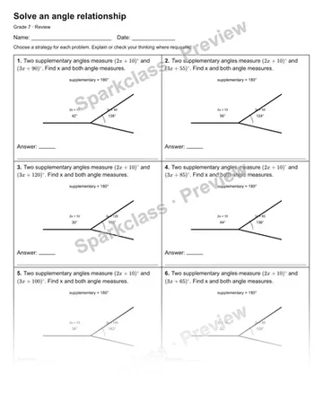 Solve an angle relationship — Review — Grade 7 worksheet preview