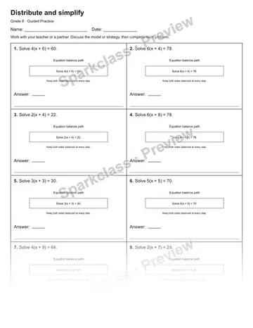 Distribute and simplify — Guided Practice — Grade 8 worksheet preview
