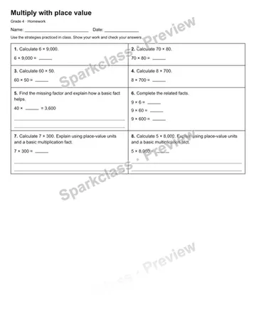 Multiply with place value — Homework — Grade 4 worksheet preview