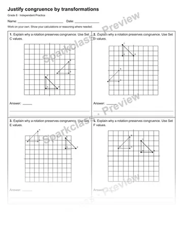 Justify congruence by transformations — Independent Practice — Grade 8 worksheet preview