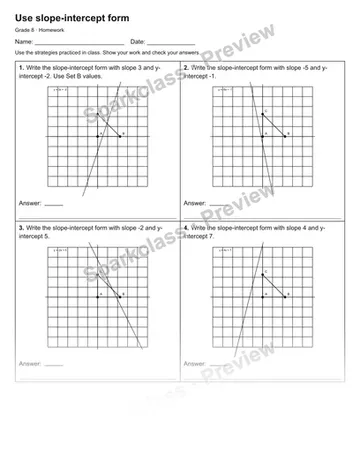 Use slope-intercept form — Homework — Grade 8 worksheet preview