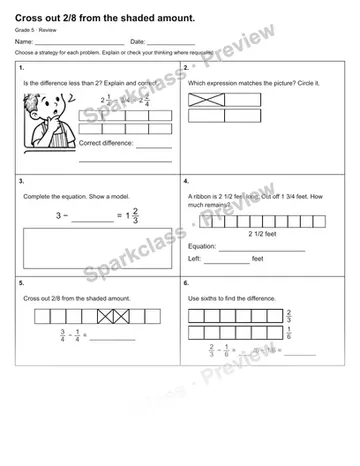 Cross out 2/8 from the shaded amount. — Review — Grade 5 worksheet preview