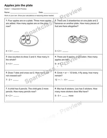 Apples join the plate — Independent Practice — Grade 1 worksheet preview