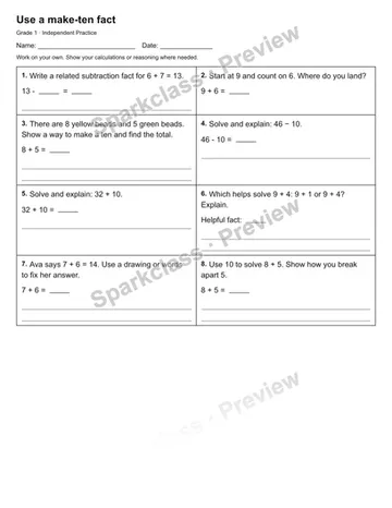 Use a make-ten fact — Independent Practice — Grade 1 worksheet preview