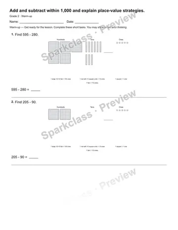 Add and subtract within 1,000 and explain place-value strategies. — Warm-up — Grade 2 worksheet preview