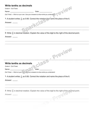 Write tenths as decimals — Exit Ticket — Grade 4 worksheet preview