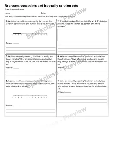 Represent constraints and inequality solution sets — Guided Practice — Grade 6 worksheet preview