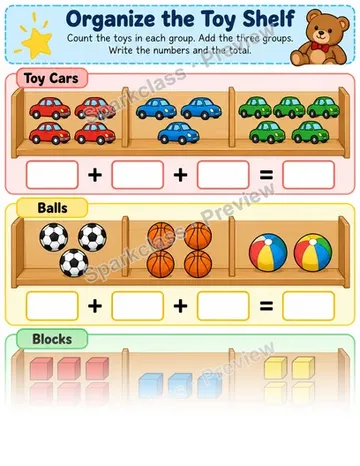 Toy Shelf Three Addends — Grade 1 worksheet preview