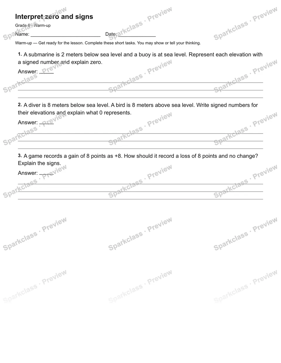 Interpret zero and signs — Warm-up — page 2