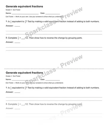 Generate equivalent fractions — Exit Ticket — Grade 4 worksheet preview