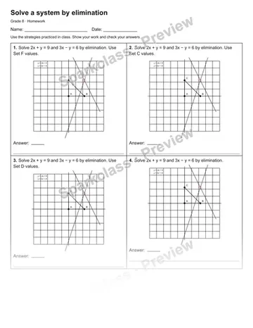 Solve a system by elimination — Homework — Grade 8 worksheet preview